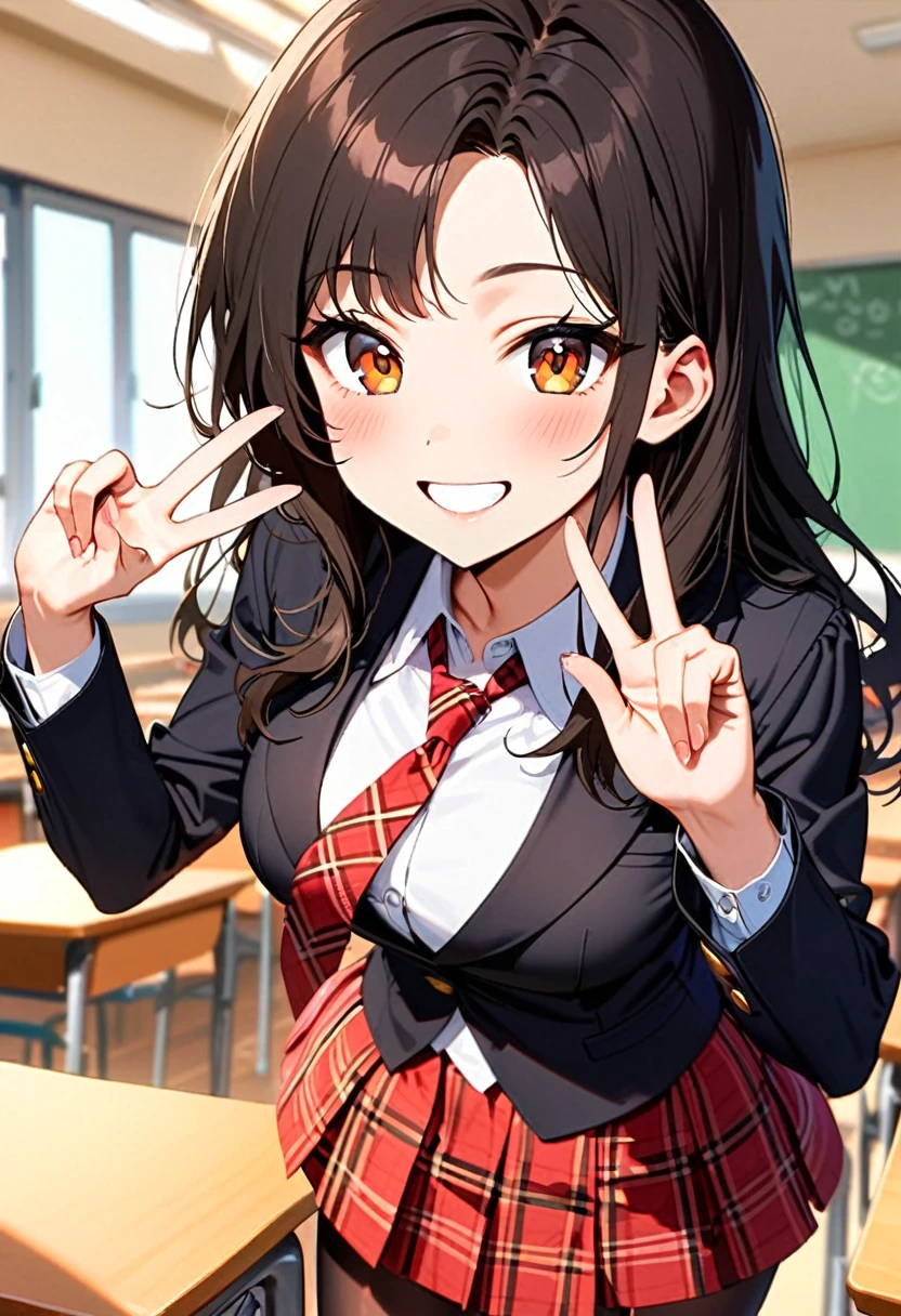 A young woman, 18-years-old, solo, Korean, (loose wavy black hair, no bangs:1.1), brown eyes, black blazer, white blouse, red plaid necktie, red pleated skirt, black pantyhose, playful smile, cheerful, mature face, classroom, holding up a v-sign