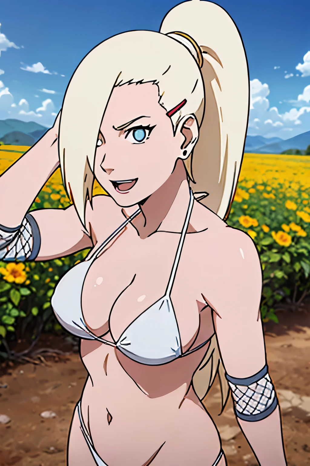 (White bikini:1.5), Ino yamanaka, looking at the viewer, gorgeous, attractive, groin, cowboy shot, ultra detailed face, sunny day, day time, upper body view, anime style, solo, detailed flower field, blonde, (focus on face), ((one eye covered with hair, hair over eye, ponytail)), medium breasts, belly button, looking at the viewer, thick arms, (off-shoulders, wide shoulders, curving body), hidden eye, smile, open mouth, very happy, tall, hair clip, sharp look, sharp face, sharp eye, cold colors,
