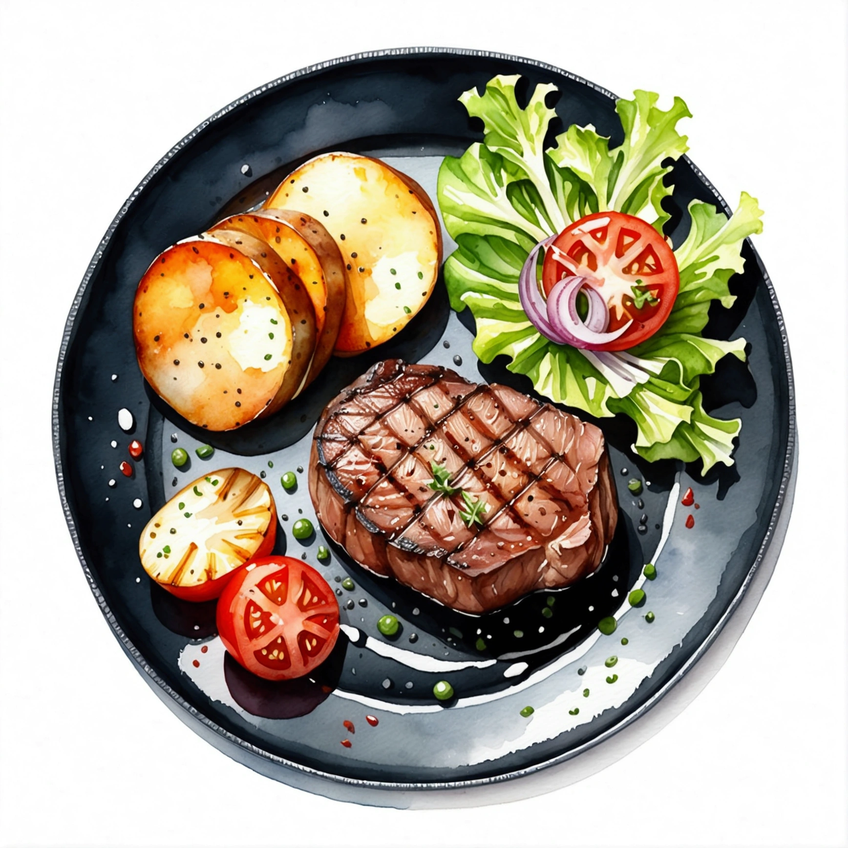 Delicious tenderloin steak and baked potato、Served with grilled tomato slices and green lettuce vegetables々Served on a black plate。, figure, Isolated on white background, Surrounded by negative space, Configuring centering, 8K, The most detailed painting, Very detailed painting, isolated, Clear and vibrant white background, Angle of view, Manga style, ((watercolor)),