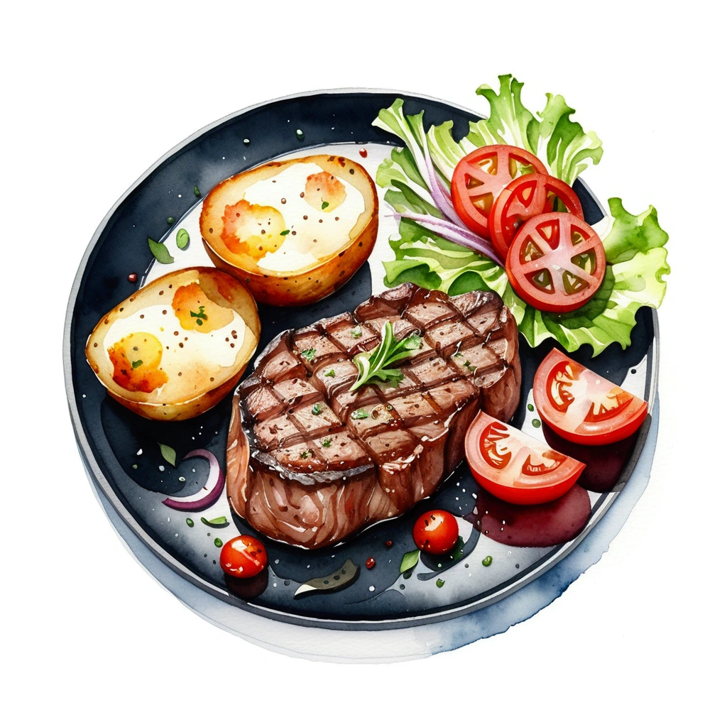 Delicious tenderloin steak and baked potato、Served with grilled tomato slices and green lettuce vegetables々Served on a black plate。, figure, Isolated on white background, Surrounded by negative space, Configuring centering, 8K, The most detailed painting, Very detailed painting, isolated, Clear and vibrant white background, Angle of view, Manga style, ((watercolor)),