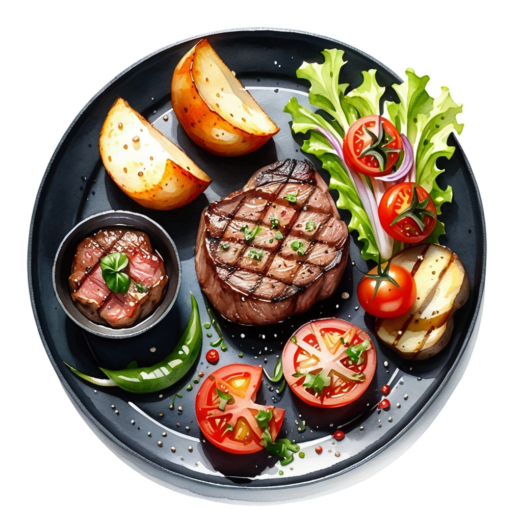 Delicious tenderloin steak and baked potato、Served with grilled tomato slices and green lettuce vegetables々Served on a black plate。, figure, Isolated on white background, Surrounded by negative space, Configuring centering, 8K, The most detailed painting, Very detailed painting, isolated, Clear and vibrant white background, Angle of view, Manga style, ((watercolor)),