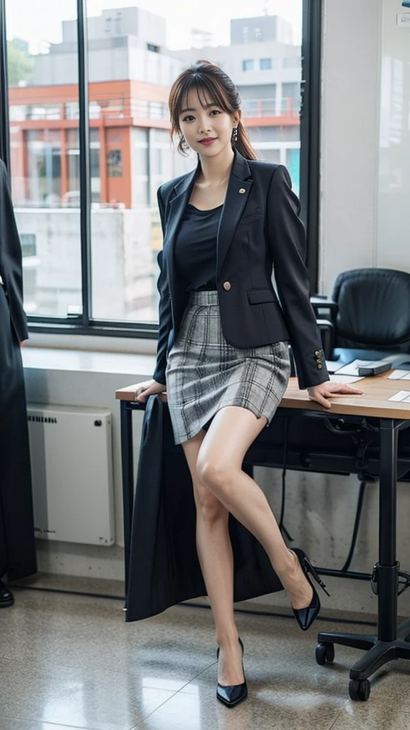 (Japanese Office Lady、25 year old Japanese woman:1.2)、One Woman、Very beautiful woman、(Checked business suit、Navy Business Suit、Suit skirt:1.3)、Black high heels、Direct your gaze this way、Smiling Kindly、Detailed face、Detailed eyes、Beautiful Lips、Beautiful eyes、Semi-long hair、Black Hair、Narrow Face、Thin face、Natural Makeup、Beautiful feet、Simple earrings、At the company office、Office with desks and chairs、Office with big windows、Woman walking indoors、((RAW Photos、clear color photos))、Perfect proportions、Lifelike skin texture、