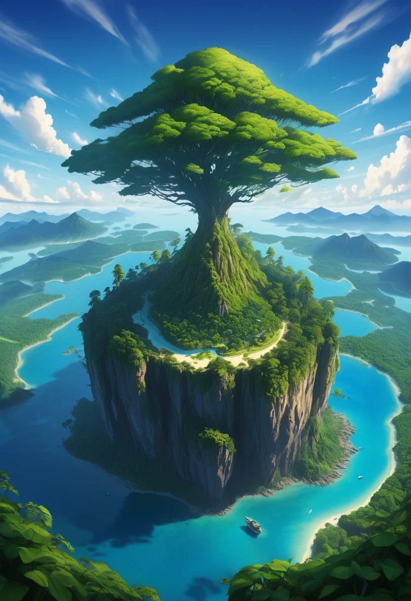 a giant island with very tall trees, but in the center of the island there is a tree, thick and the island has many mountains, and in one part of the island I want there to be a very large lake and around the island there is only the sea