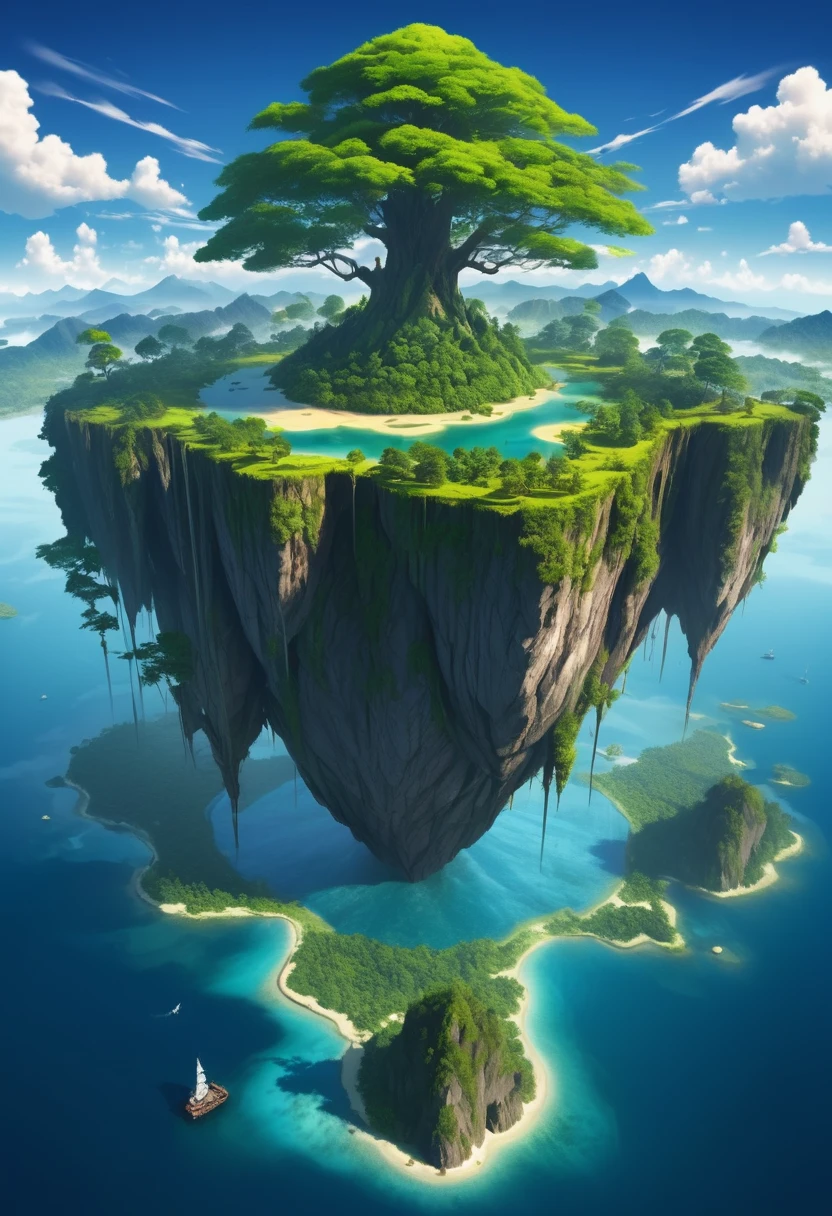 a giant island with very tall trees, but in the center of the island there is a tree, thick and the island has many mountains, and in one part of the island I want there to be a very large lake and around the island there is only the sea
