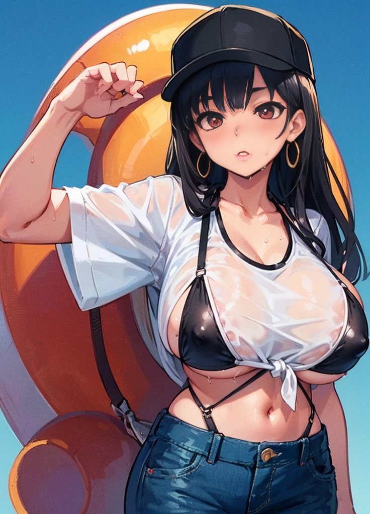 score_9,score_8_up,score_7_up,score_6_up,score_5_up,score_4_up,official art, BRAKE, ,breasts out, huge breasts, (perky pointy breasts:1.1), puffy nipples, anime artwork, juicy cameltoe, lineart , ,breasts out, huge breasts, (perky pointy breasts:1.1), puffy nipples, anime artwork,
1girl, jewelry, tifa_lockhart, solo, long_hair, earrings, hat, shirt, bikini, swimsuit, red_eyes, breasts, navel, black_hair, low-tied_long_hair, baseball_cap, tied_shirt, black_bikini, see-through, crop_top, wet_clothes, wet, bikini_under_clothes, side-tie_bikini_bottom, parted_lips, midriff, blush, white_shirt, wet_shirt, short_sleeves, bangs, shorts, sparkle, simple_background, denim, stomach, pants, collarbone, watermark