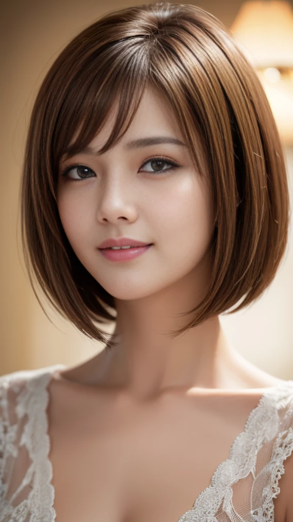 Tabletop, Highest quality, Realistic, Very detailed, finely, High resolution, 8k wallpaper, One beautiful woman,, Light brown short bob cut stretch hair,........, Sharp focus, Perfect dynamic composition, Beautiful and exquisite, Thinning hair, Detailed Realistic skin texture, smile, Close-up portrait, Model Body Type、president&#39;secretary、mini skirt、High heels、