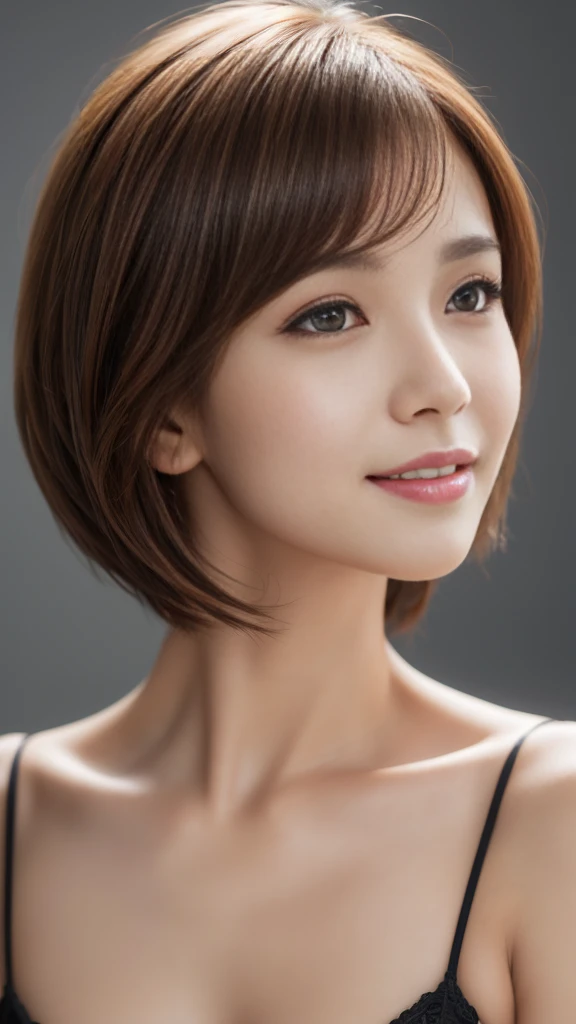 Tabletop, Highest quality, Realistic, Very detailed, finely, High resolution, 8k wallpaper, One beautiful woman,, Light brown short bob cut stretch hair,........, Sharp focus, Perfect dynamic composition, Beautiful and exquisite, Thinning hair, Detailed Realistic skin texture, smile, Close-up portrait, Model Body Type、president'secretary、mini skirt、High heels、