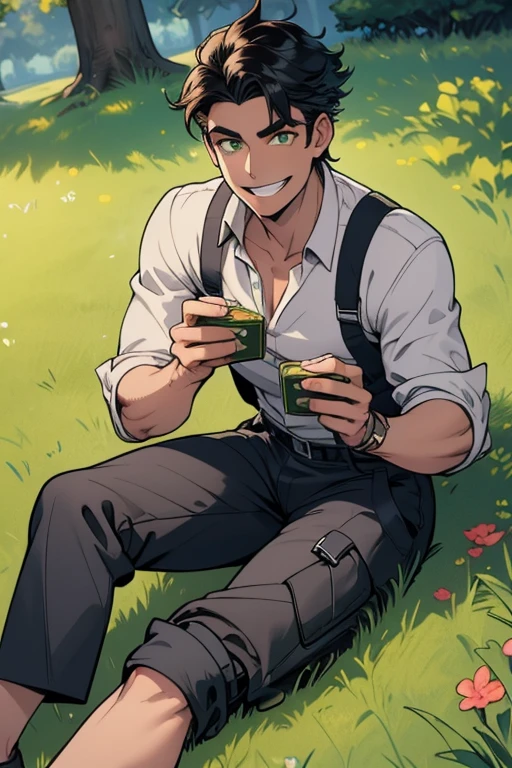 Perfect face. Perfect hands. A handsome black haired man with green eyes in a rolled up shirt and cargo pants is laying in the grass of a park with a big smile