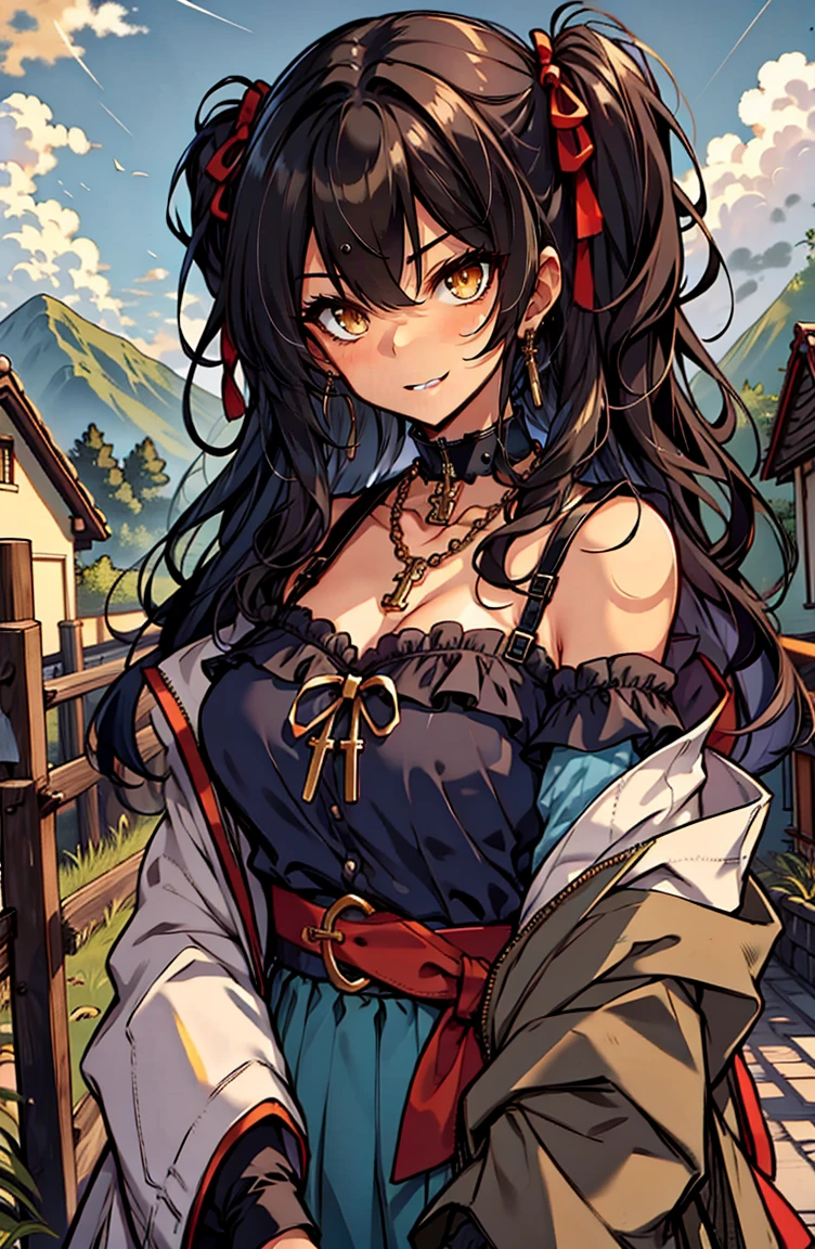 (masterpiece:1.2), (high quality:1.2), hui xiyi, rekkyo sensen, rekkyou sensen, solo focus, girls with((black hair, tits cleavage, exposed breasts, breasts close up, dress, (blue clothes:1.3), ribbon belt, off-shoulder sleeves, long sleeves, off shoulder jacket, frills shirt, frills camisole, straps, (ribbon tie, rosary choker, golden rosary, cross:1.05), upper body, (long wavy hair, one side up:1.4))), background with ((architecture, blue sky, building, bush, castle, village, no humans, cloud, cloudy sky, day, fence, field, garden, grass, hill, house, lamppost, landscape, mountain, mountainous horizon, nature, no humans, outdoors, scenery, shrine, sky, tower))