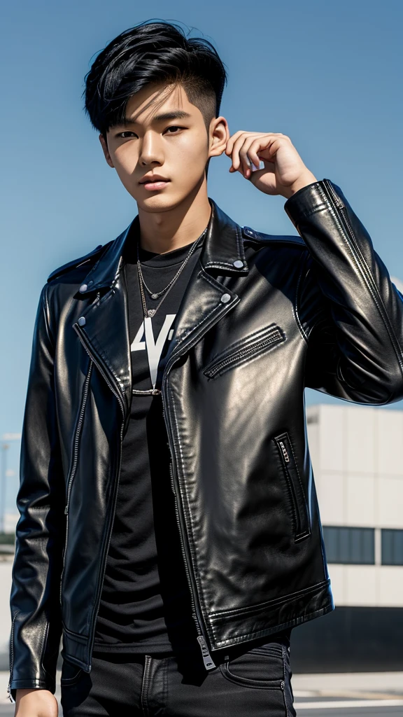 4 young men , korean idols ,All four of them wore black leather jackets., The background is space., 
Young man number 1, oval face, black leather jacket, dark blue hair, height 184, age 15 years. Young man number 2. Young man of Korean-Australian descent dark red hair Black leather jacket, height 186, age 21, young man number 3. Young man of half Korean and Japanese descent, black hair, black leather jacket, 176 cm tall, 16 years old, young man number 4. Genuine Korean guy, blonde hair, eldest of the group, 175 cm tall, 22 years old.