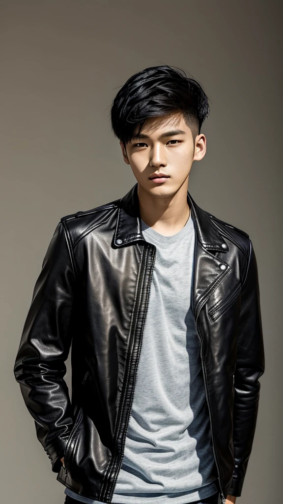 4 young men , korean idols ,All four of them wore black leather jackets., The background is space., 
Young man number 1, oval face, black leather jacket, dark blue hair, height 184, age . Young man number 2. Young man of Korean-Australian descent dark red hair Black leather jacket, height 186, age 21, young man number 3. Young man of half Korean and Japanese descent, black hair, black leather jacket, 176 cm tall, 16 yearsman number 4. Genuine Korean guy, blonde hair, eldest of the group, 175 cm tall, 22 years old.