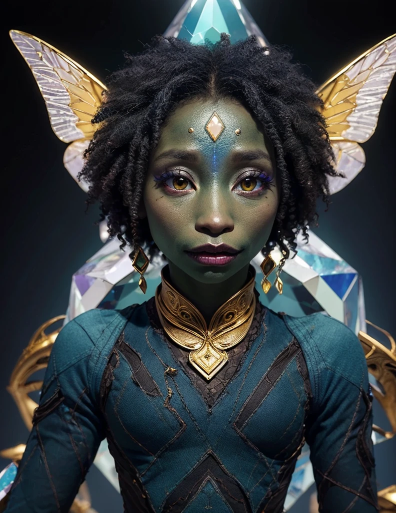 dousan, gelfling, female, dark blue skin, afro hair, green and black eyes, insect wings, wearing wraps, gold swirl body and face markings, ombre, in an iridescent crystal desert with giant opal, looking at viewer, half body