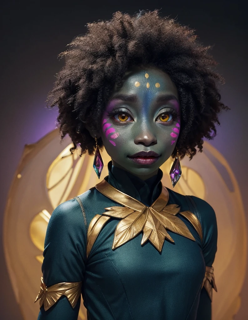 dousan, gelfling, female, dark blue skin, afro hair, green and black eyes, insect wings, wearing wraps, gold swirl body and face markings, ombre, in an iridescent crystal desert with giant opal, looking at viewer, half body