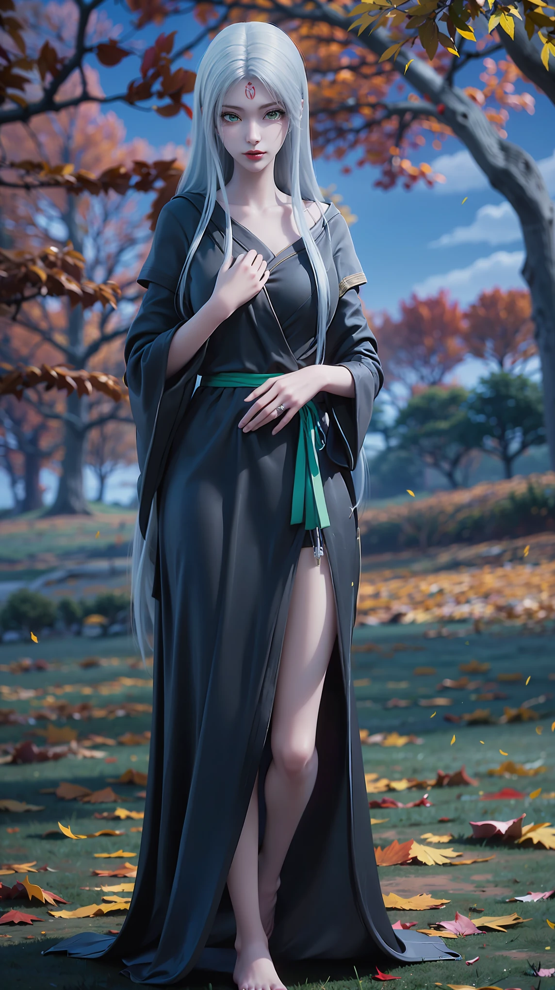 Wearing a black dress, Beautiful and charming anime woman, Popular on cgstation, Beautiful goddess, glamorous 蒂法 lockheart, Japanese Goddess, Realistic anime girl rendering, Anime Goddess, Beautiful fantasy queen, Attractive anime girl, ，(((White long hair)))，(((Green eyes))，((Black robe))，((Place one hand on your chest))