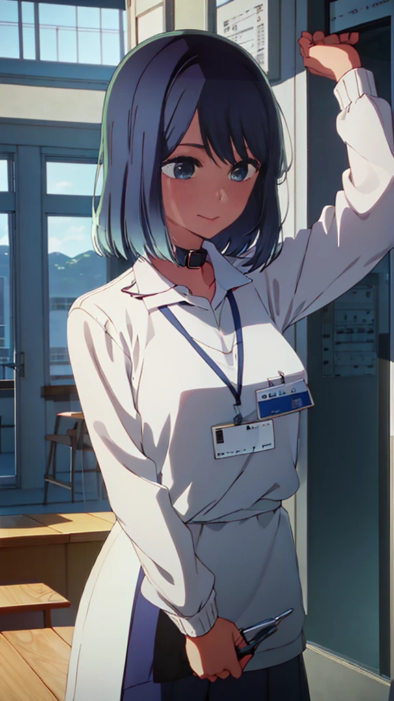 score_9, score_8_up, score_7_up, masterpiece, absurdres, 1girl, kurokawa akane,naked body, completely nude, collar, ((id card, nipple clamp hanging price tag)), show off naked body, pubic hair, mouth open, embarrassed face, embarrassed smile, medium breasts, standing, in the shop, view from front, in front of crowd, cowboy shot, bokeh,kurokawa akane,dark blue hair, blue eyes,medium hair,akane kurokawa