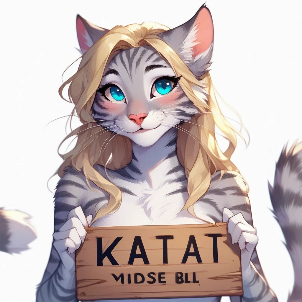 score_9,score_8_up,score_7_up, source_cartoon, kat, Anthro furry feline, female, tall slender body, blonde, long hair, hair, pink nose, blue eyes, :3, white  whiskers, hourglass figure, silver fur, grey stripes, furry body, naked, upper body shot, blushing, holding a rectangular black sign, sign covering her breasts, simple white backgrounds, bashful smile, front view