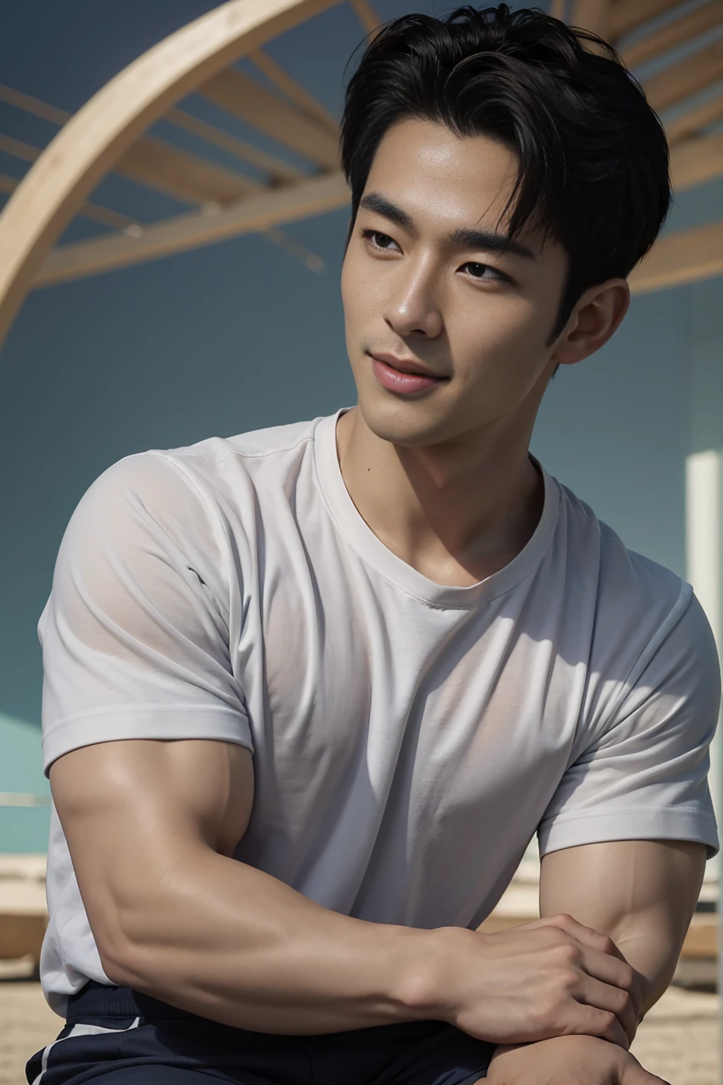 (Create a masterpiece: 1.2),(CGI art:1.3),(realistic:1.5),(After processing:1.3), (Sharp focus:1.3), 1 man, open mouth, smile, (Navy blue round neck shirt), shorts, Korean guy , korean men, (High gloss details), chest muscles, large arm muscles, blood vessel, Big muscles, Broad shoulders, looking at the audience, Balancing the eyes, Seaside, beach, sunlight, running towards the camera