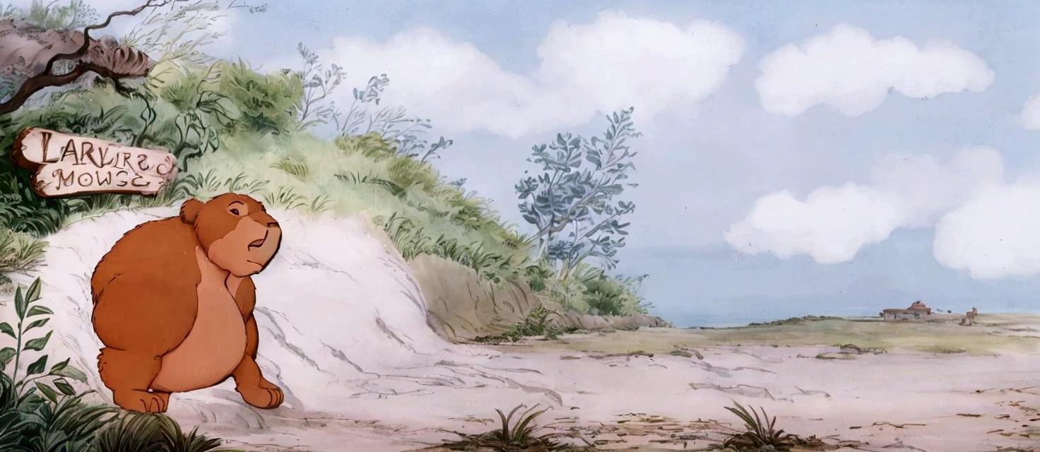 there is a cartoon bear that is standing in the dirt, studio ghibli environment, production animation cel, studio ghibli smooth concept art, animated film still, don bluth animation, animation film still, studio ghibli landscape, painting of a sand landscape, marc davis, highly detailed water colour 8k, highly detailed water colour 8 k, animated still, style of makoto shinkai