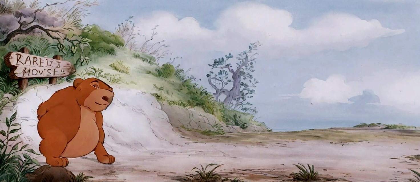 there is a cartoon bear that is standing in the dirt, studio ghibli environment, production animation cel, studio ghibli smooth concept art, animated film still, don bluth animation, animation film still, studio ghibli landscape, painting of a sand landscape, marc davis, highly detailed water colour 8k, highly detailed water colour 8 k, animated still, style of makoto shinkai