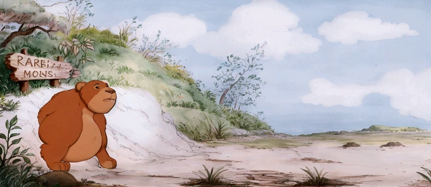 there is a cartoon bear that is standing in the dirt, studio ghibli environment, production animation cel, studio ghibli smooth concept art, animated film still, don bluth animation, animation film still, studio ghibli landscape, painting of a sand landscape, marc davis, highly detailed water colour 8k, highly detailed water colour 8 k, animated still, style of makoto shinkai