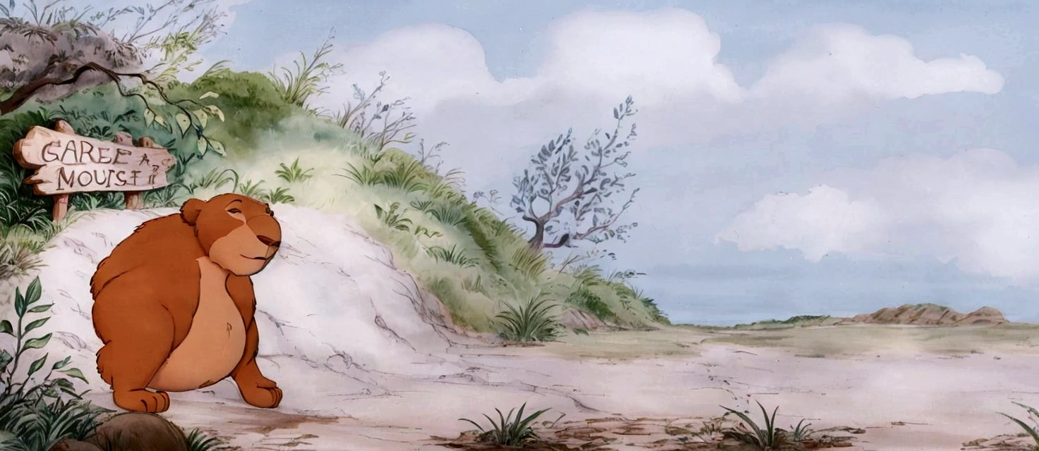 there is a cartoon bear that is standing in the dirt, studio ghibli environment, production animation cel, studio ghibli smooth concept art, animated film still, don bluth animation, animation film still, studio ghibli landscape, painting of a sand landscape, marc davis, highly detailed water colour 8k, highly detailed water colour 8 k, animated still, style of makoto shinkai