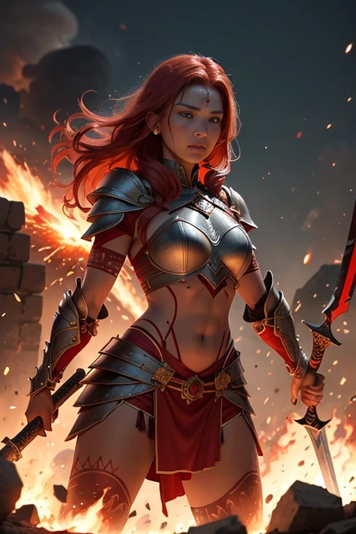 armor, warrior queen with intricate tribal markings etched onto her caucasic skin. Fiery red hair whips around her as she raises a plasma sword in defiance. The embers of a nearby explosion illuminate her armor, highlighting the fallen enemies scattered around her, testaments to her strength.