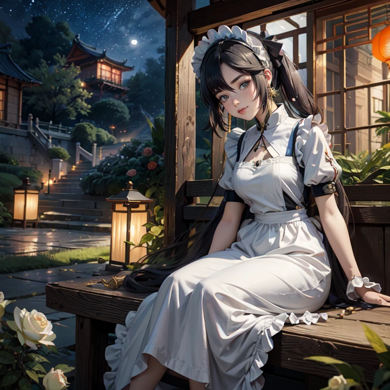 Mona_(genshin impact), 1girl, white roses, ornament hair, roses on her hair, maid, maid dress, maid headdress, maid apron, black hair, long hair, seat on a grass, garden scene, Chinese maid dress, gold lantern, navy dress, more details on her clothes, golden details, night, smiling, coat, chinese style, solo, alone, crystal, curtains, full moon on the sky, laces, frills, sparkles, fireflies, sitting on the grass, chinese architecture on the background, white roses on the floor, garden scenery