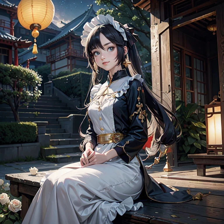 Mona_(genshin impact), 1girl, white roses, ornament hair, roses on her hair, maid, maid dress, maid headdress, maid apron, black hair, long hair, seat on a grass, garden scene, Chinese maid dress, gold lantern, navy dress, more details on her clothes, golden details, night, smiling, coat, chinese style, solo, alone, crystal, curtains, full moon on the sky, laces, frills, sparkles, fireflies, sitting on the grass, chinese architecture on the background, white roses on the floor, garden scenery