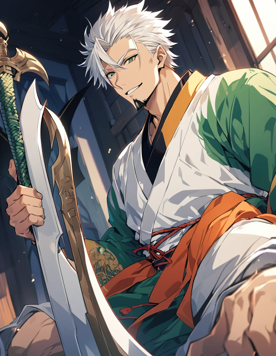 1 young boy, male focus, details Intricate, 1 men, bonitas, White hair, vibrant green eyes, slim muscles, アニメ, 19yearsold, 19 years, a small goatee, kimono de Shinigami, Shinigami, bleach style, bleach, regatta, kimono, bleach, bleach style, sickle ( uma sickle de tamanho stockingno poderosa e afiada), sickle, stocking