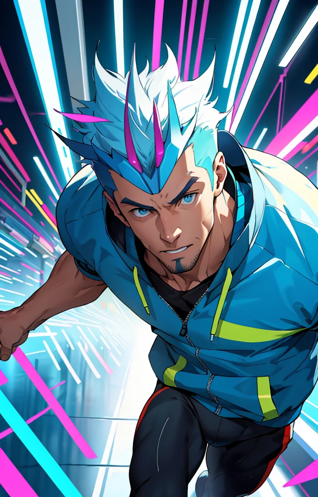 (masterpiece,Highest quality,Absurd ), 1 person, Muscular, Fine grain, blue eyes, Open jacket, Running towards the camera, Upper Body, (Fluorescent lamp),(colorful), ((Abstract background)),