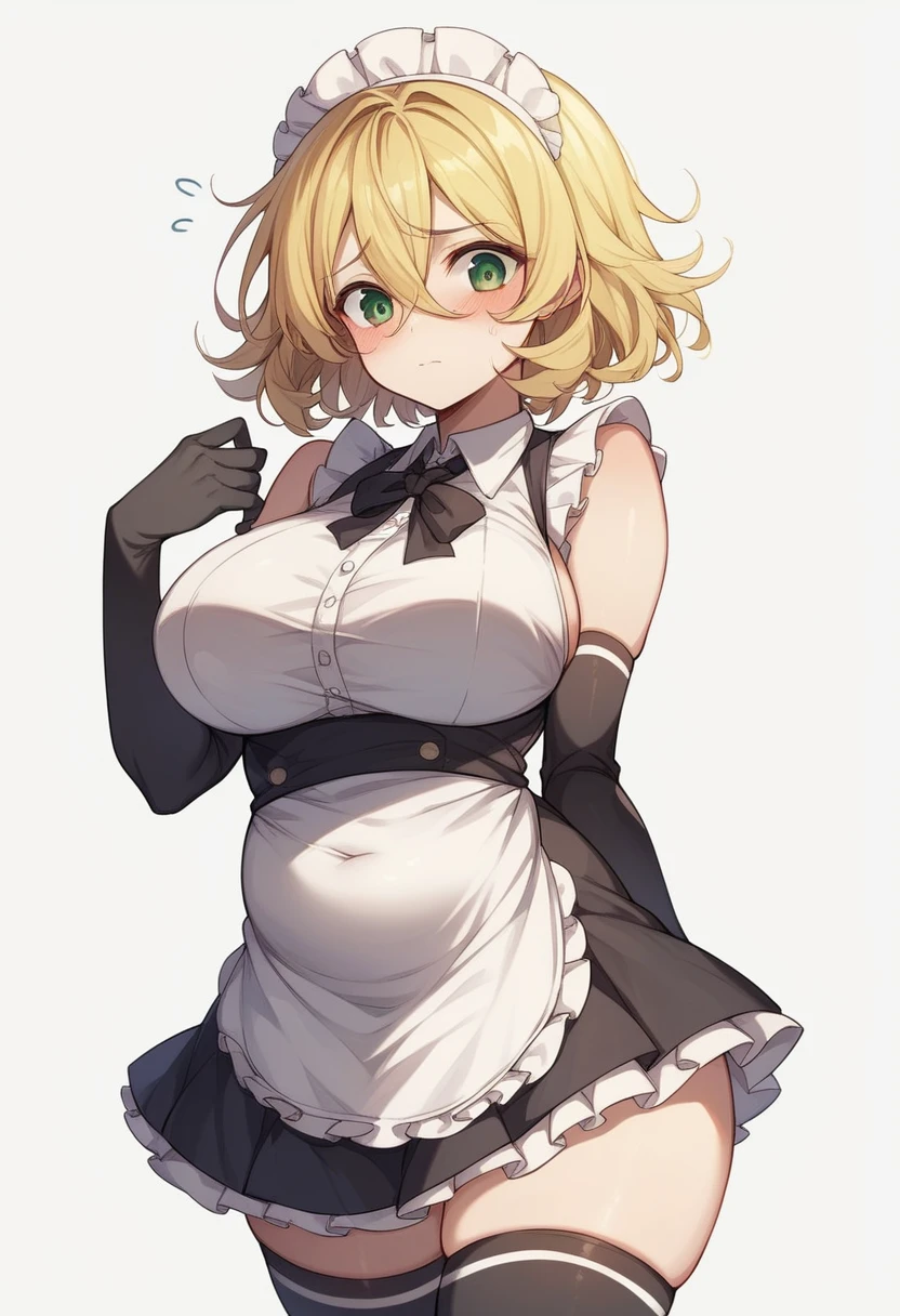 (One girl)、bob cut、flipped hair、((Blonde))、（Sato Air）、slan eyes、(Big super breasts)、(Chubby)、beautiful girl、green eye、Maid clotheini skirt、White sleeveless、((hairs between eyes))、((thigh-high socks thighhighs))、(long gloves)、say、White Background、