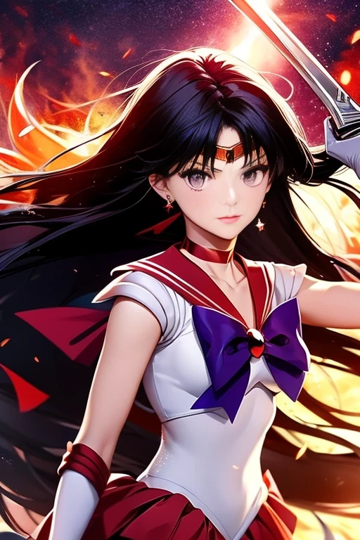 ReiHino, (sailor mars, neck ribbon, long hair, circlet, jewelry, crescent earrings). Fiery red hair whips around her as she raises a plasma sword in defiance. The embers of a nearby explosion illuminate her armor, highlighting the fallen enemies scattered around her, testaments to her strength.