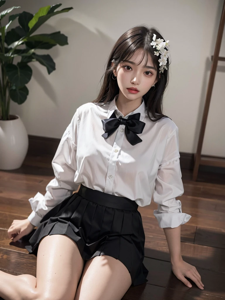 absurdres, RAW photo, extremely delicate and beautiful, masterpiece, Best Quality, ultra high resolution, 32k, hyperrealistic, ultra-detailed, perfect figure, Perfect Style, Perfect balance, in her 20s, very small head, very small face, delicate facial features, tearful mole, earring, very huge breasts, legs, foot, full body shot, medium hair, black hair, school_uniform, shirt, skirt, tie,