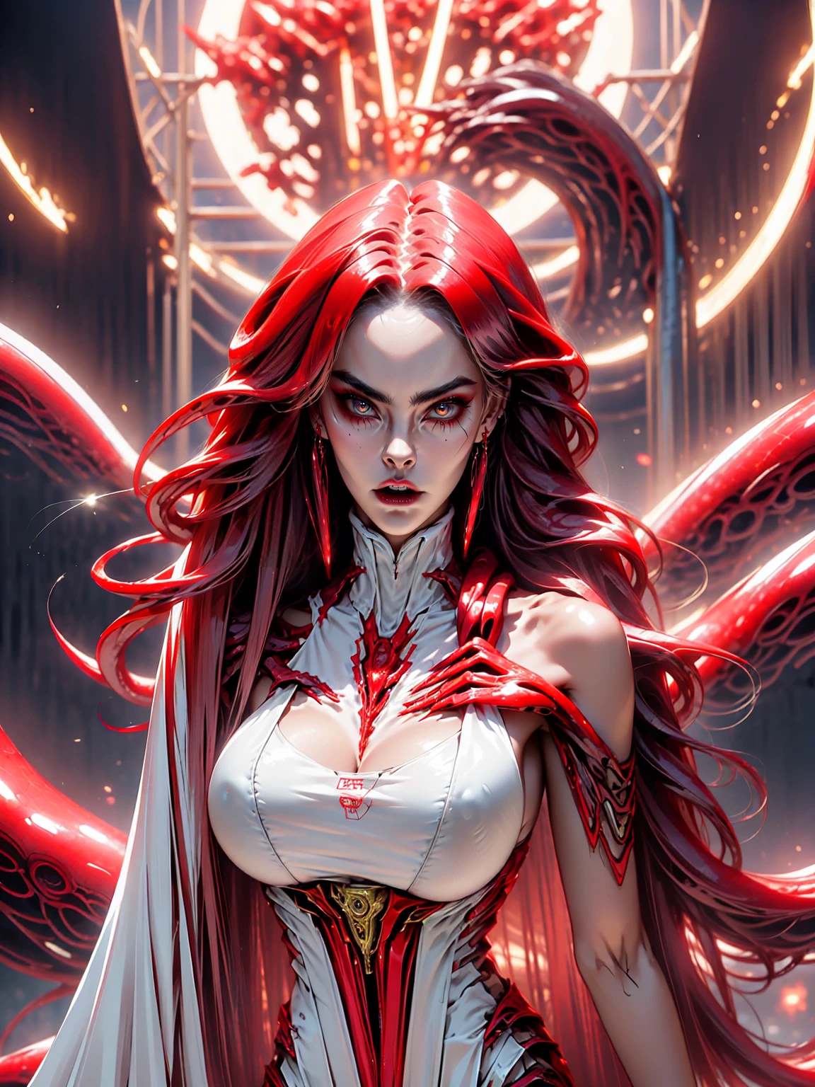 (beautiful girl:1.25), (megan fox:1.25), (young bodybuilder girl wearing cybernetic muscle suit:1.25), (medusa head with tentacles:1.25), carnage muscular physique, seductive face, mouth wide open carnage style, long red hair, perfect muscular body, super skinny legs, sissy, femboy, (carnage style physique), (large fake breasts:1.45)