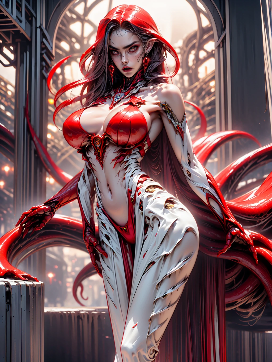 (beautiful girl:1.25), (megan fox:1.25), (young bodybuilder girl wearing cybernetic muscle suit:1.25), (medusa head with tentacles:1.25), carnage muscular physique, seductive face, mouth wide open carnage style, long red hair, perfect muscular body, super skinny legs, sissy, femboy, (carnage style physique), (large fake breasts:1.45)
