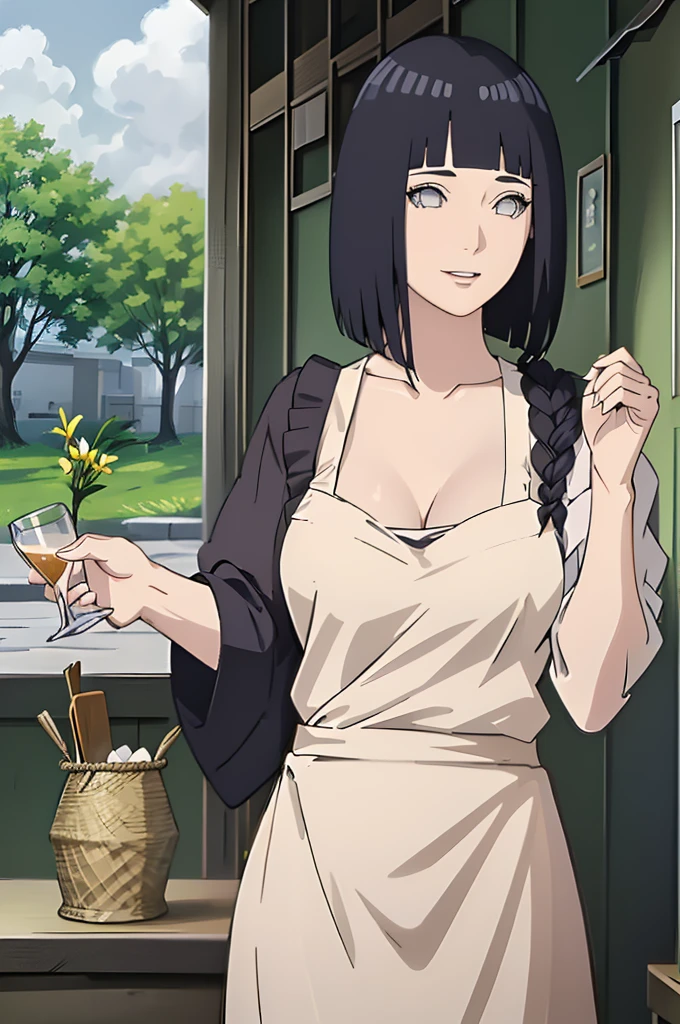 1girl, solo, black hair, butterfly hair ornament, (naked:1.3), (white apron), large breasts, cleavage, thighs, cafe background, (blushing:1.3),brown eyes, Nezuko Kamado, standing, realistic eyes, perfect shaped beautiful body