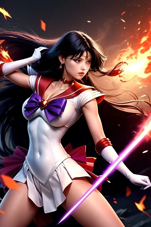 aReiHino, (sailor mars, neck ribbon, long hair, circlet, jewelry, crescent earrings) Fiery red hair whips around her as she raises a plasma sword in defiance. The embers of a nearby explosion illuminate her armor, highlighting the fallen enemies scattered around her, testaments to her strength.