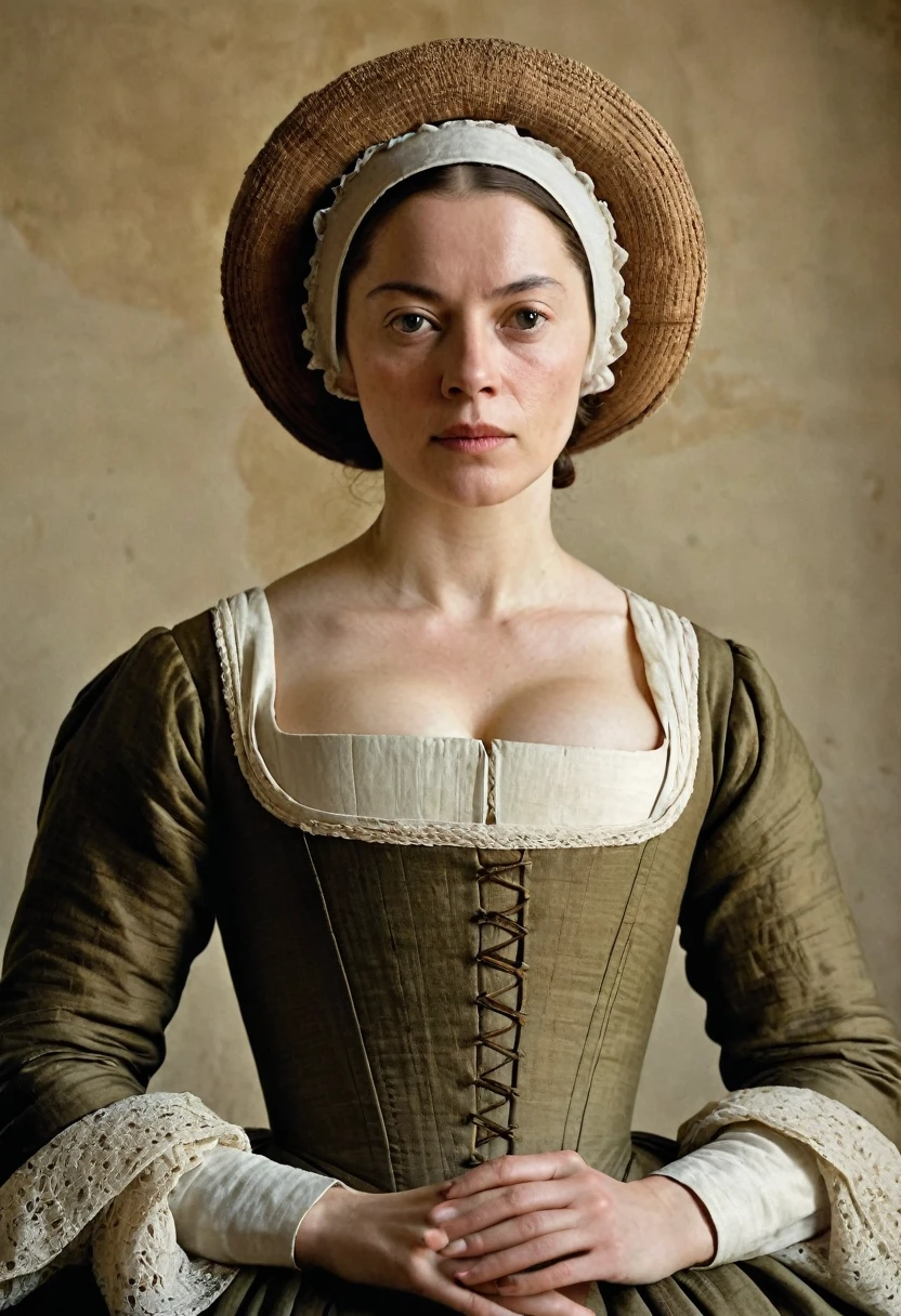 portrait of a ordinary woman in 17th century, everyday life, ordinary people, artistic pose, front-laced gowns, linen caps, minimal, movie still, earthy tones --ar 8:9 --c 8