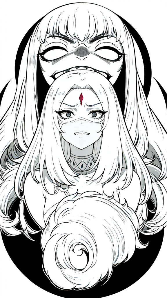 1old woman,(solo),milf,40 years old,(no hair on the forehead),(white background,line drawing),(naked),long hair,white hair,fangs,angry,(black mouth veil),