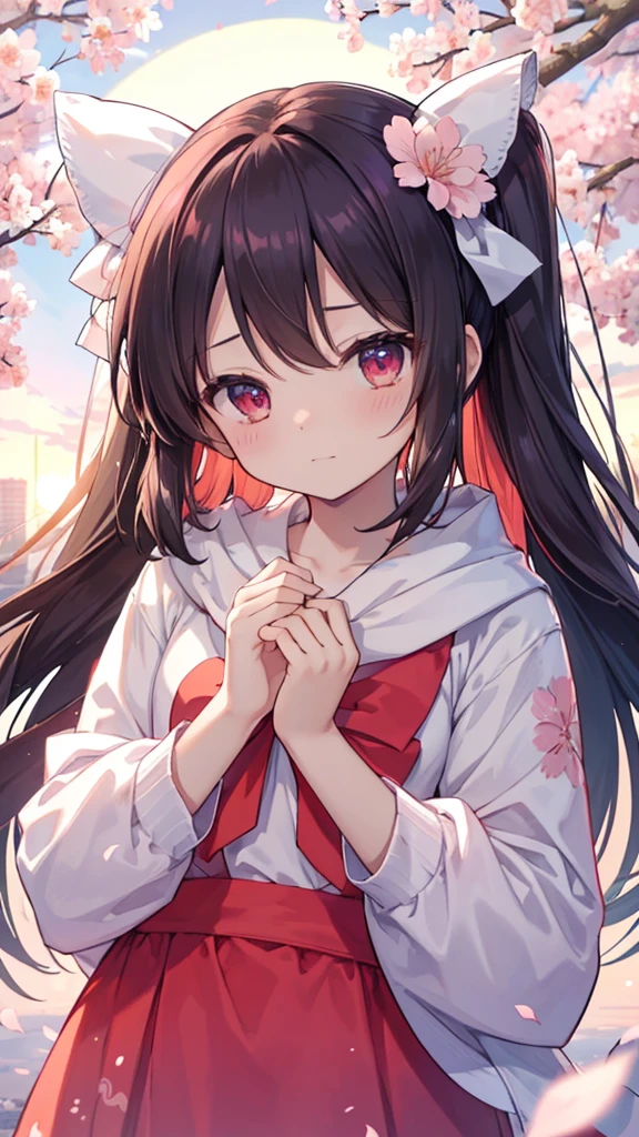 (Best image quality), Reimu Hakurei, Cherry Blossom, spring, sunset, hands back、ストリートキャップ、hoodie