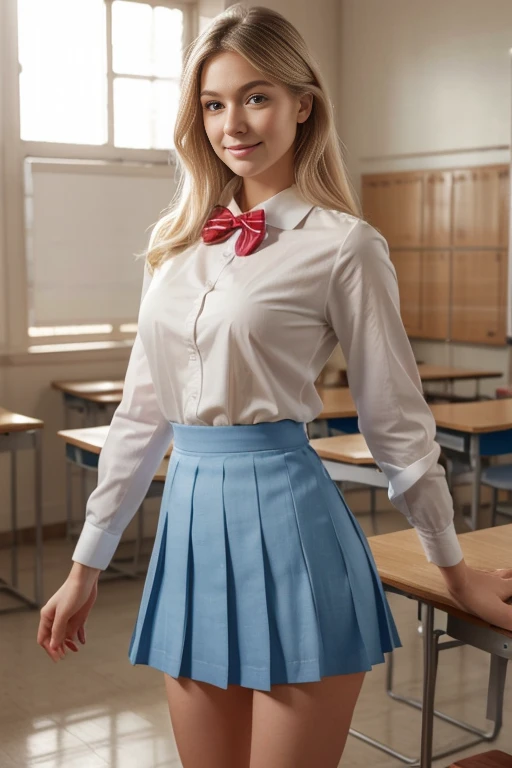 a white blonde , detailed face, beautiful blue eyes, long eyelashes, cute smile, , pleated skirt, white shirt, red bow tie, standing in an empty classroom, afternoon light, natural lighting, muted colors, photorealistic, highly detailed, 8k, best quality, masterpiece