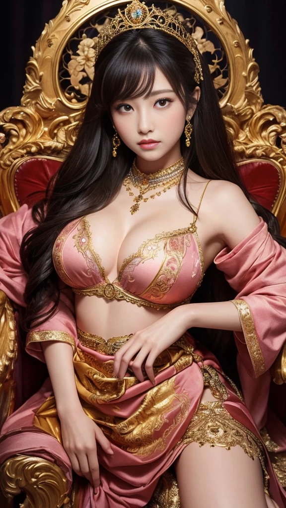 1 elegant japanese woman, beautiful detailed eyes, beautiful detailed lips, extremely detailed eyes and face, long eyelashes, intricate crown, luxurious pink dress, large ornate throne, holding a fan, long black hair, voluptuous figure, photorealistic, 8K, detailed painting, dramatic lighting, cinematic composition, vibrant colors, oil painting、She is sitting on a large throne with her legs crossed,She has such big breasts that they seem to rip her clothes off、Her room is made of gold、Behind her are many soldiers who are protecting her.、She looks down on me with eyes、The throne she sits on is bigger than her and very luxurious. She has the biggest breasts in the world.、There is a lion near her、There's a knight beside her,The throne she sits on is so big、Beside the throne where she sits is a knight guarding her.She is looking at this and smiling