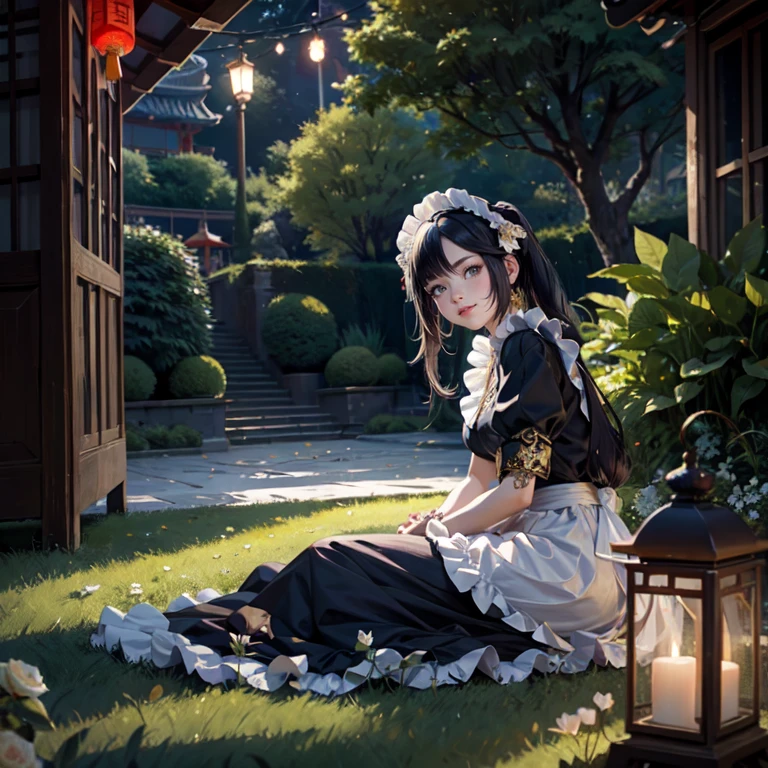 Mona_(genshin impact), 1girl, white roses, ornament hair, roses on her hair, maid, maid dress, maid headdress, maid apron, black hair, long hair, seat on a grass, garden scene, Chinese maid dress, gold lantern, navy dress, more details on her clothes, golden details, night, smiling, coat, chinese style, solo, alone, crystal, curtains, full moon on the sky, laces, frills, sparkles, fireflies, sitting on the grass, chinese architecture on the background, white roses on the floor, garden scenery, mini skirt 