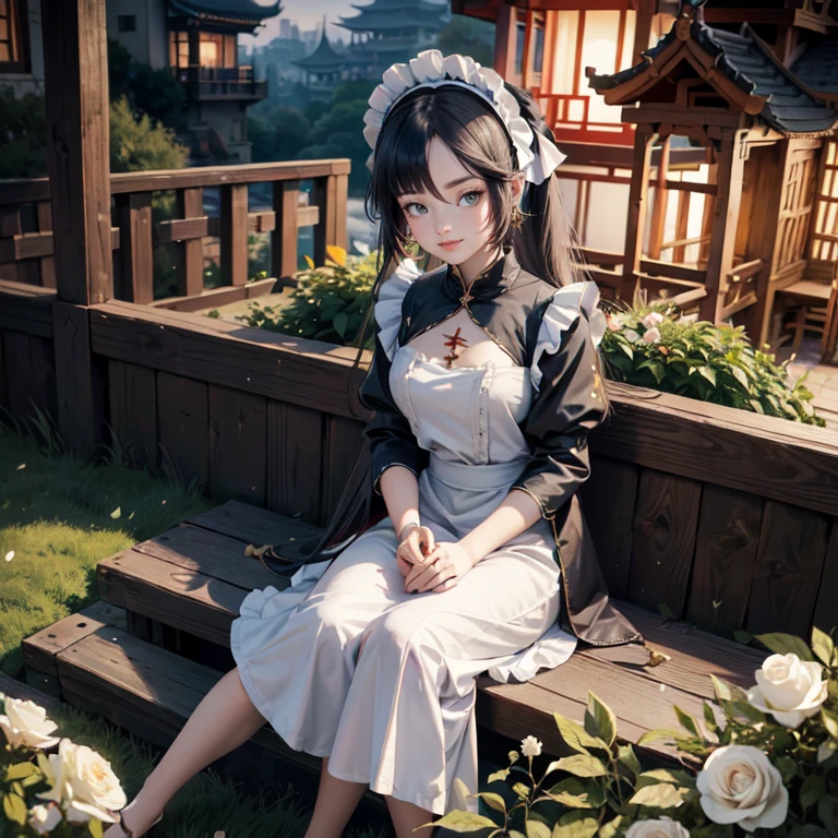 Mona_(genshin impact), 1girl, white roses, ornament hair, roses on her hair, maid, maid dress, maid headdress, maid apron, black hair, long hair, seat on a grass, garden scene, Chinese maid dress, gold lantern, navy dress, more details on her clothes, golden details, night, smiling, coat, chinese style, solo, alone, crystal, curtains, full moon on the sky, laces, frills, sparkles, fireflies, sitting on the grass, chinese architecture on the background, white roses on the floor, garden scenery, mini skirt 
