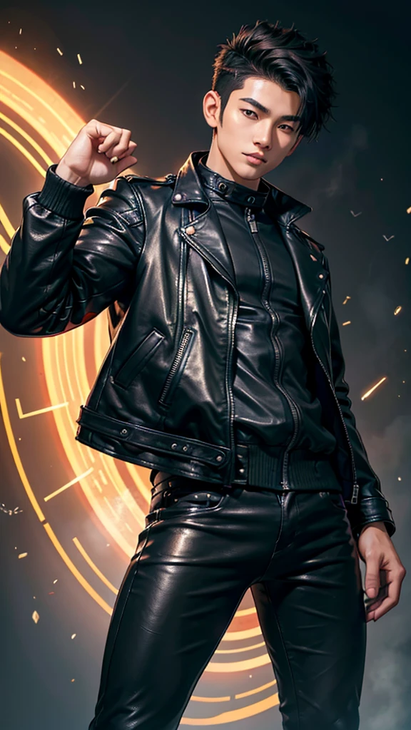 4 young men , korean idols ,All four of them wore black leather jackets., The background is space.,
Young man number 1, oval face, black leather jacket, dark blue hair, height 184, age 15 years. Young man number 2. Young man of Korean-Australian descent dark red hair Black leather jacket, height 186, age 21, young man number 3. Young man of half Korean and Japanese descent, black hair, black leather jacket, 176 cm tall, 16 years old, young man number 4. Genuine Korean guy, blonde hair, eldest of the group, 175 cm tall, 22 years old.