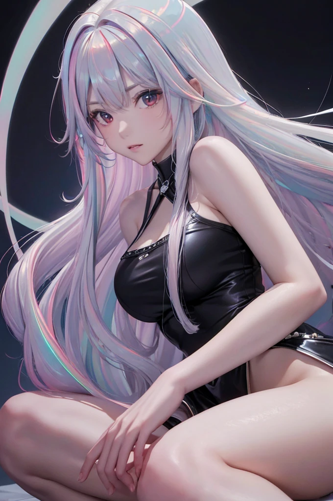 (masterpiece:1.3), (best quality:1.1), (8k, ultra detailed, ultra high res:1.2), ((anime style)), (perfect 5 fingers:1.1), perfect anatomy,
1girl,
BREAK long hair,
(((((opalescent hair))))),
red eyes,
looking at viewer,
upper body,
background of black,