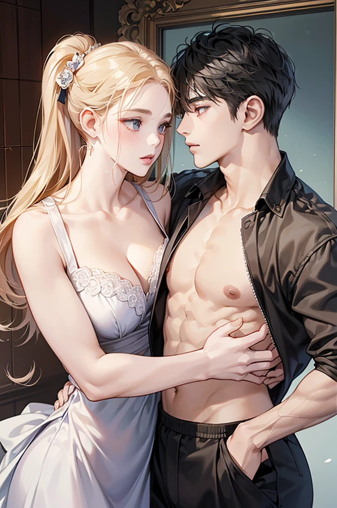 masterpiece, best quality, best resolution, ultra detailed, perfect anatomy, (((1girl and 1 boy))),(((lovers))),((1 beautiful girl and 1 handsome boy)) ,(((couple))), duo, beautiful girl, pale skin, muscle.