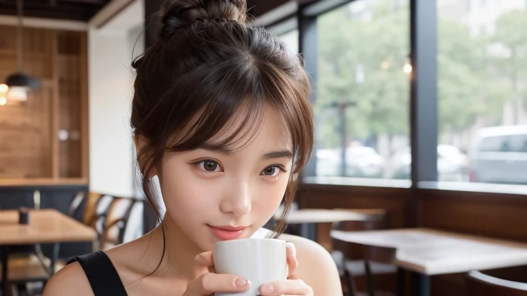 Produce the highest quality and highest resolution 8K images。Please draw the upper body of a 20 year old Japanese woman.。Please draw an image of someone drinking tea in a stylish coffee shop.。She has brown eyes and a model-like figure、She has an idol-level cute face.。Her hair is in a bun.。The skin is、A healthy skin tone。she、I'm smiling at the camera。