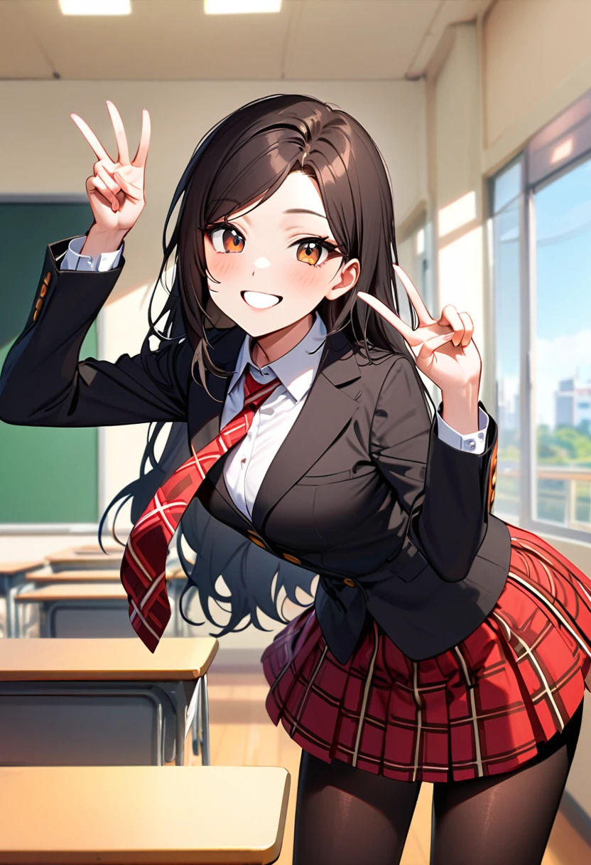 A young woman, 19-years-old, average height, solo, Korean, (loose wavy black hair, no bangs:1.1), brown eyes, black blazer, white blouse, red plaid necktie, red pleated skirt, black pantyhose, playful smile, cheerful, mature face, classroom, holding up a v-sign