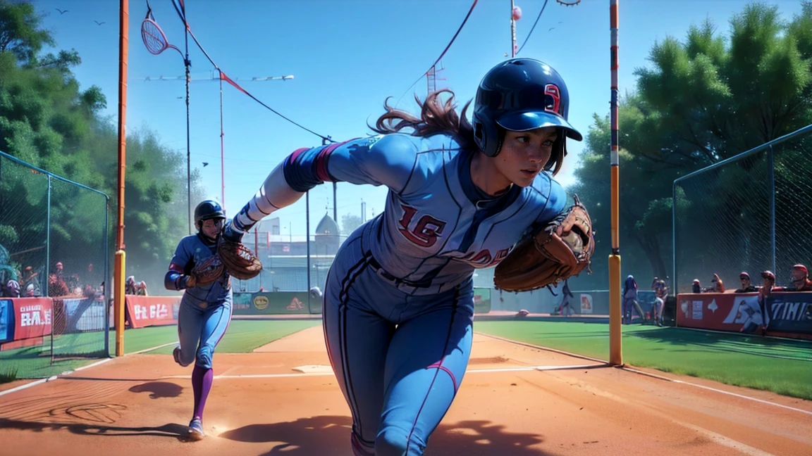 top quality, future world, State-of-the-art robot, ((Beautiful Woman wear tight jump suit, showing waist and cleavages)), flying hair, Transformed into a cyborg except for the face,  Transformed into a cyborg except for the shoulder, sexy images, whole body photo, (((baseball player, running on the court, swing the baseball bat in hand, helmet)))